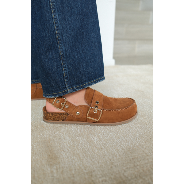 Tyler Vegan Slingback Clog – Coconuts by Matisse – Tan faux suede moc-toe clog with double buckles and faux cork footbed.