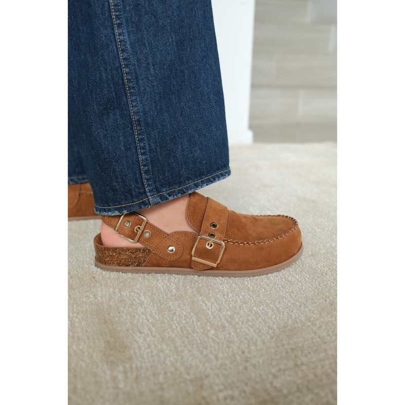 Tyler Vegan Slingback Clog – Coconuts by Matisse – Tan faux suede moc-toe clog with double buckles and faux cork footbed.
