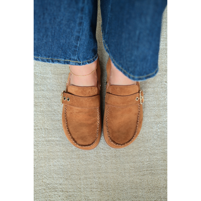 Tyler Vegan Slingback Clog – Coconuts by Matisse – Tan faux suede moc-toe clog with double buckles and faux cork footbed.