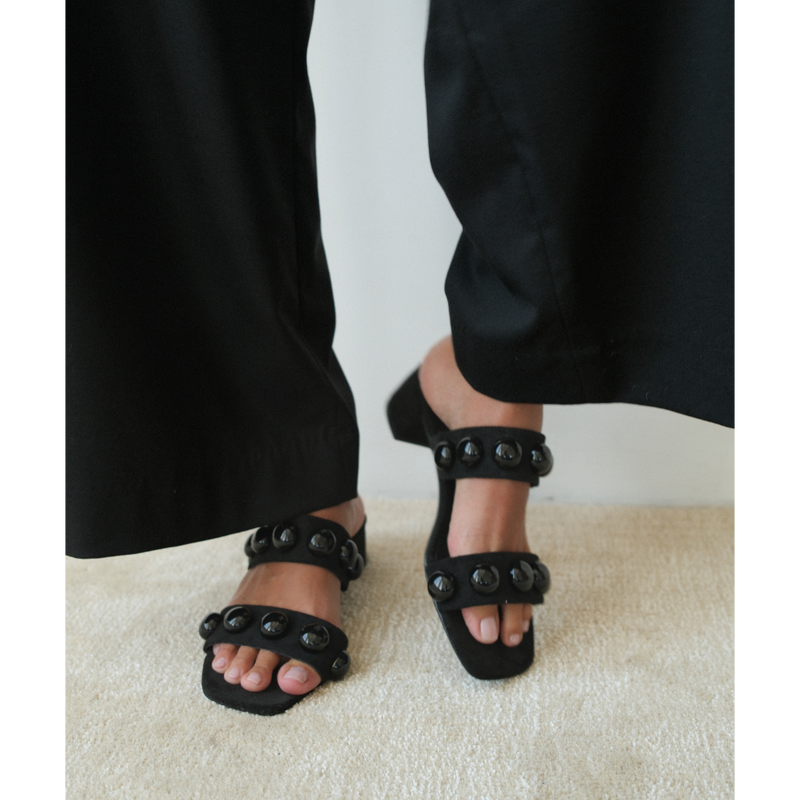Venus Vegan Heeled Sandal – Coconuts by Matisse – Black two-strap sandal with black dome studs and low block heel.