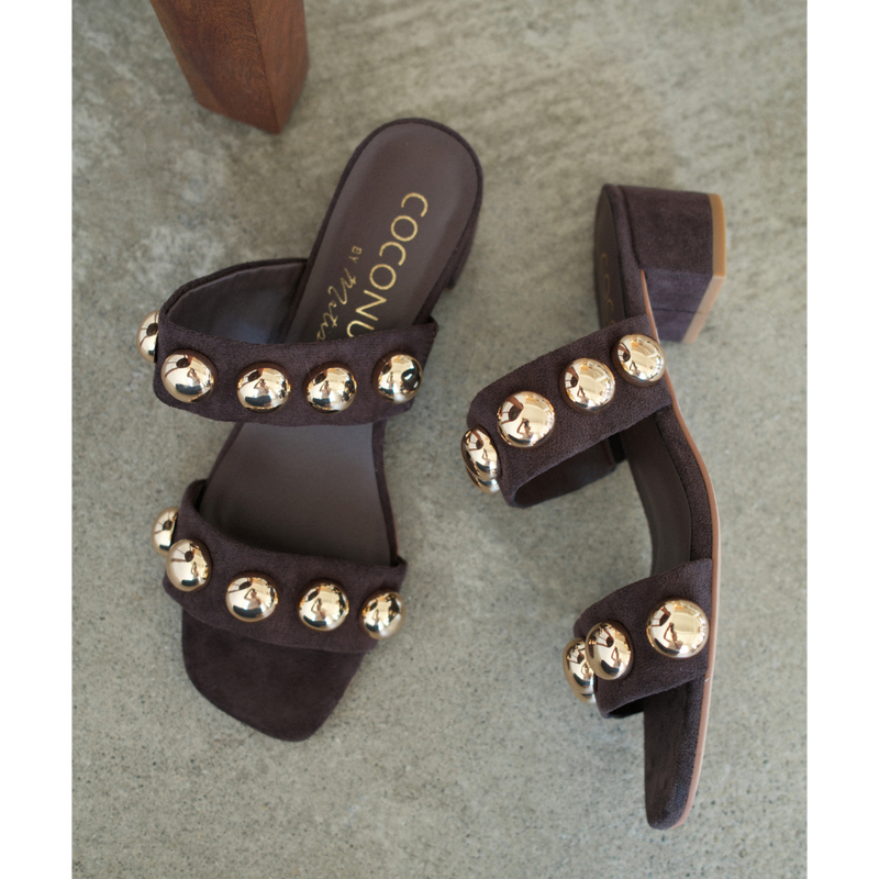 Venus Vegan Heeled Sandal – Coconuts by Matisse – Brown two-strap sandal with gold dome studs and low block heel.