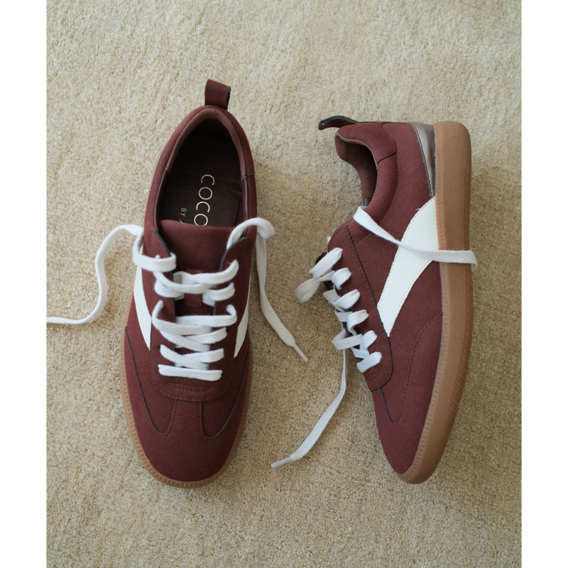 Wylder Vegan Low-Top Sneaker – Coconuts by Matisse – Burgundy faux suede sneaker with cream side stripe, metallic heel detail, and gum sole.