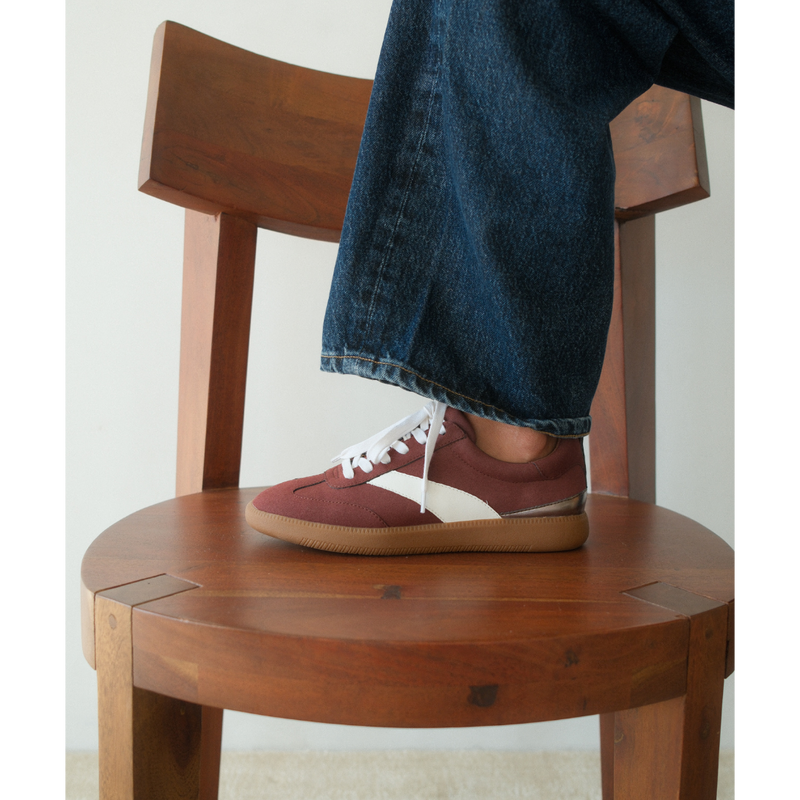 Wylder Vegan Low-Top Sneaker – Coconuts by Matisse – Burgundy faux suede sneaker with cream side stripe, metallic heel detail, and gum sole.