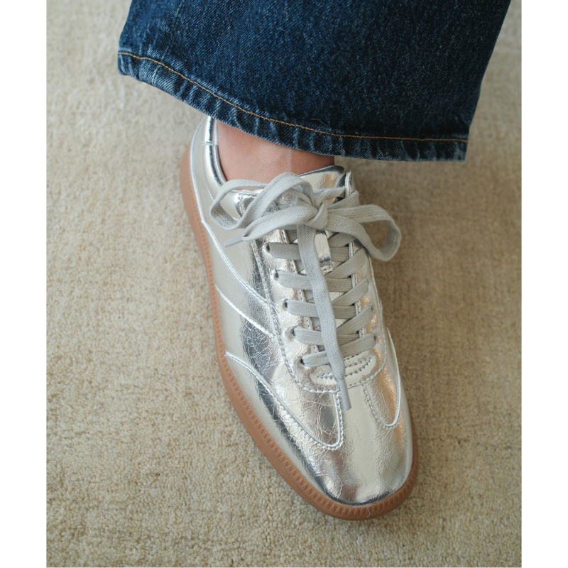 Wylder Vegan Low-Top Sneaker – Coconuts by Matisse – Metallic silver faux-leather sneaker with tonal stitching and gum sole.