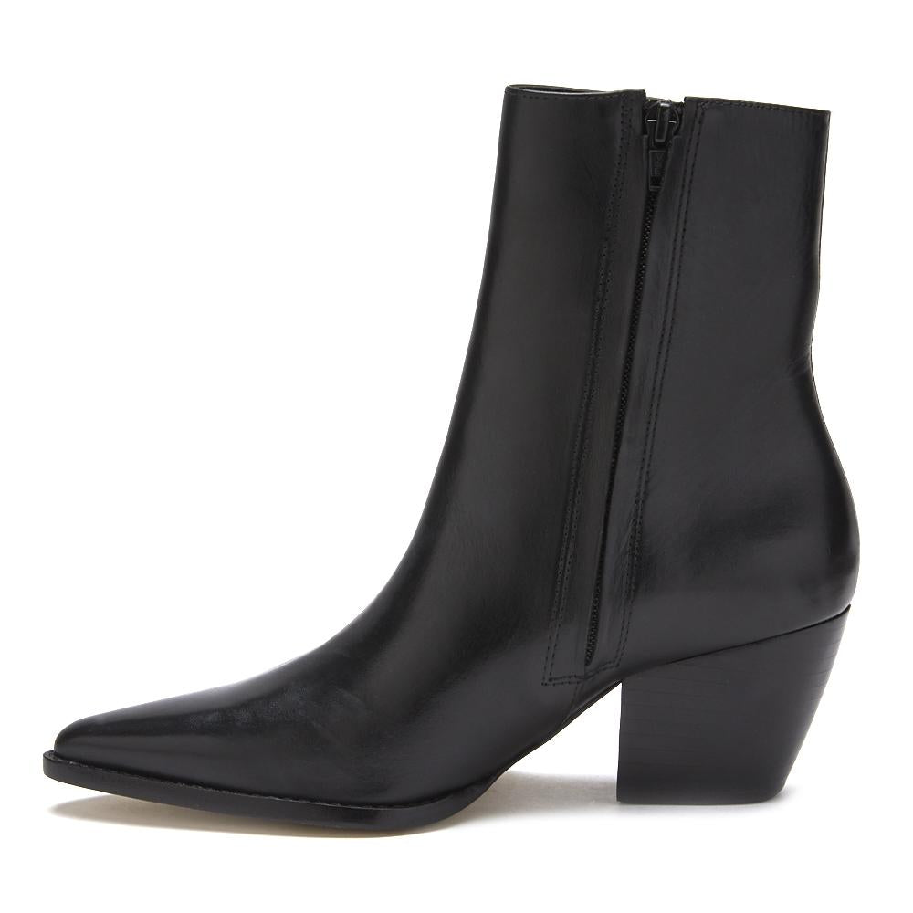 Sleek and versatile, these black leather ankle boots feature a pointed toe, side zipper, and stacked block heel. A timeless essential for any wardrobe.