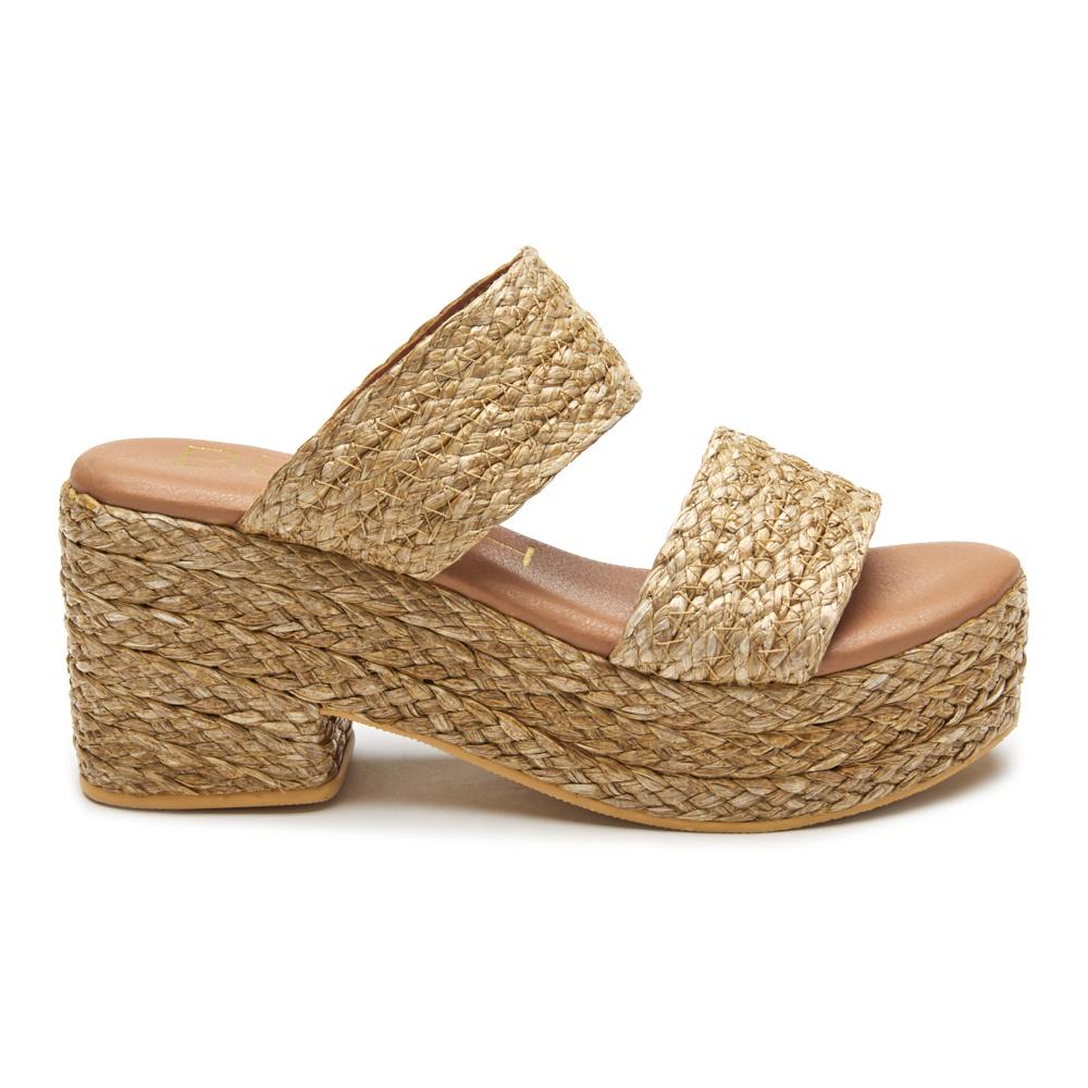Ocean Ave Platform Sandal – Beach By Matisse – Tan raffia platform sandals with a chunky heel, dual foot straps, and cushioned insole. A beach-to-brunch essential blending texture, height, and easy elegance.